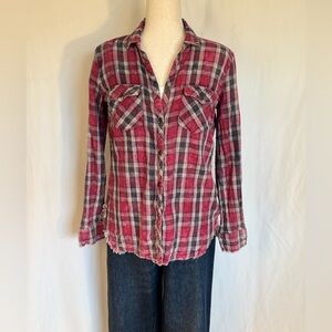 Red Raspberry & Soft Black Cozy Cotton Flannel Plaid Shirt w/ Raw Hem Size Small